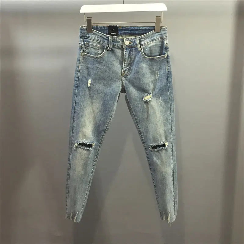 Harajuku Fashion Luxury Clothing Men's Vintage Ripped Denim Jeans Slim Casual Spring Autumn Boyfriend Pencil Pants Washed Jeans