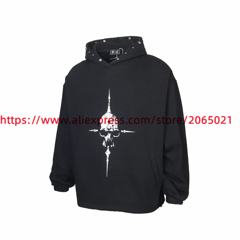 Washed Patchwork Thug Club Metal Rivet Hoodie Men Women 1:1 High Quality Vintage Hollow Pullovers