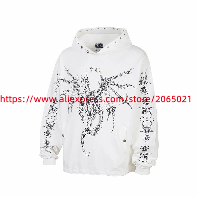 Washed Patchwork Thug Club Metal Rivet Hoodie Men Women 1:1 High Quality Vintage Hollow Pullovers