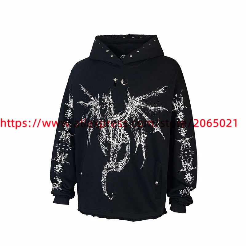 Washed Patchwork Thug Club Metal Rivet Hoodie Men Women 1:1 High Quality Vintage Hollow Pullovers