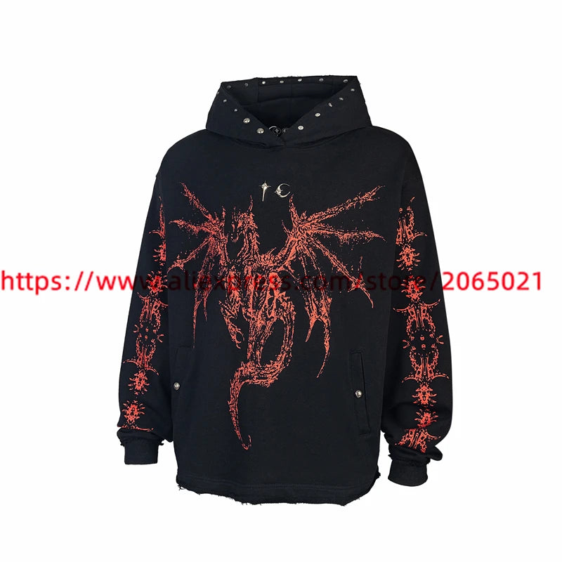 Washed Patchwork Thug Club Metal Rivet Hoodie Men Women 1:1 High Quality Vintage Hollow Pullovers